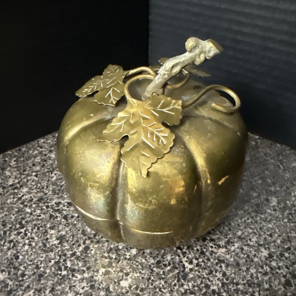 Vintage Brass Pumpkin Trinket Box Hong Kong Fall Autumn Leaves Vine Decor 60s 70